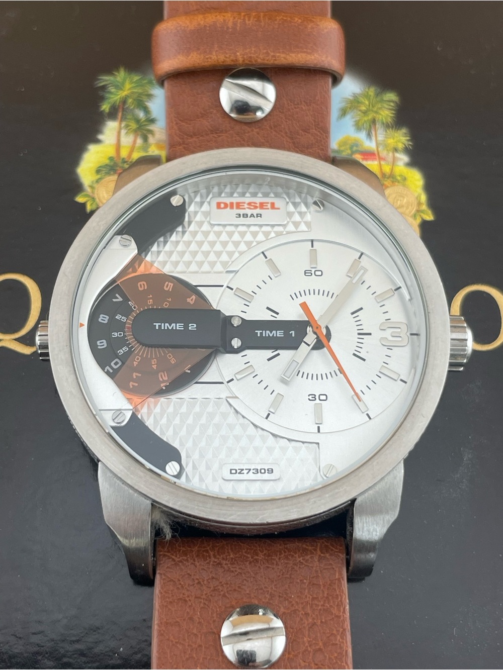 Diesel Silver Dial Watch with Orange Accents and Brown Leather Strap